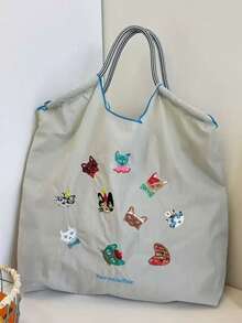 1pc Versatile Embroidered Funny Cat Pattern Lightweight Foldable Nylon Tote Bag, Adjustable Shoulder Strap For Commuting, Shopping, Party