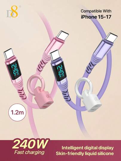 Cable cargador rápido USB-C a Tipo-C D8 de 240W | Cable corto de 1.2FT de múltiples colores para uso en interiores/exteriores/viajes y automóvil | Compatible con Apple 17/17 Pro/Apple Air, Apple 16/15/Pro/Pro Max e iPad | Funciona con todos los dispositivos móviles Android y Apple