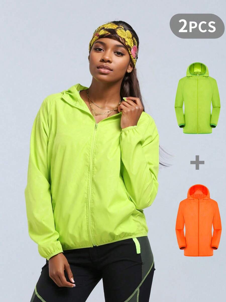 2 chiếc áo khoác chống nắng vải jacquard nhẹ thoáng khí dành cho nữ dùng cho các hoạt động thể thao ngoài trời & mặc thường ngày [Có túi đựng], dáng rộng, khuyến nghị đặt hàng lớn hơn một cỡ, màu xanh bạc hà + cam - Màu Cam cháy - Xem 1