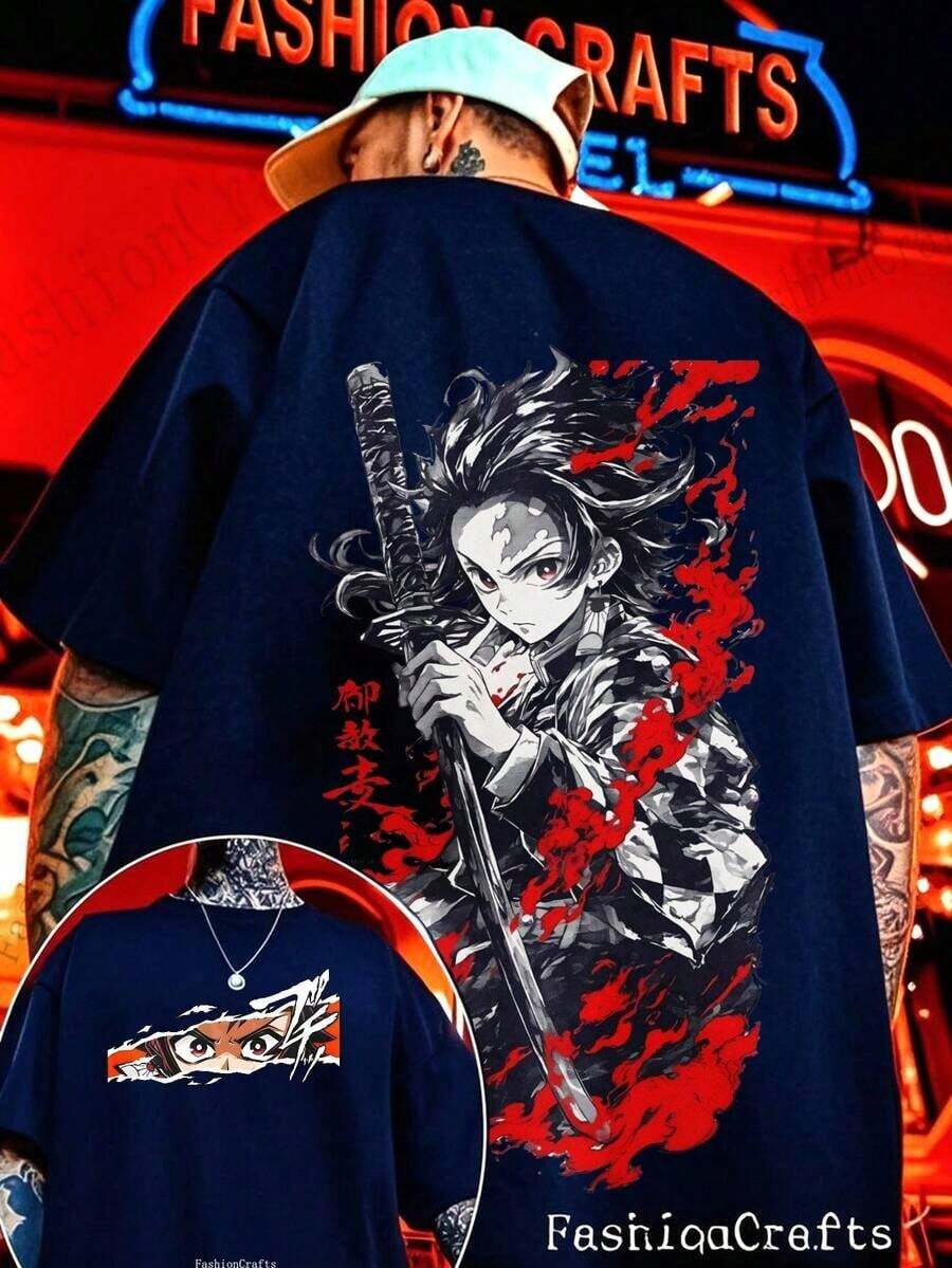 Cotton Men's T-Shirts, Double-Sided Printed Anime T-Shirts, Character Shirts, Anime Fan Gifts, Knitted Pullover T-Shirts, Comic-Style Anime Pattern T-Shirts, Casual Men's Clothing, Street Style Fashion | Exquisite Design | Loose And Comfortable | Easy To Match | - Màu xanh hải quân - Xem 1
