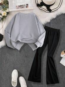 蝴蝶结印花女童休闲简约长袖圆领套头毛衣和中高腰喇叭裤两件套，适合秋冬季节穿着 - 灰色 - 查看 4