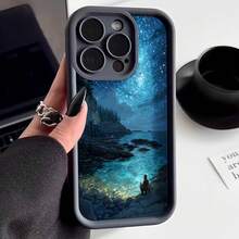 Cubierta de teléfono con borde negro diseño estrella galaxia paisaje nocturno con persona sentada en roca agua brillante cielo estrellado para uso diario y viajes - Burdeos - Ver 3