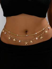 2pcs Bohemian Style Ocean Series Shell & Starfish Beaded Waist Chain For Women