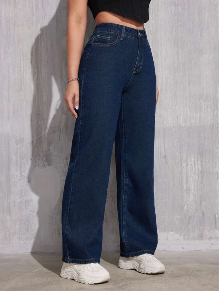 Jeans largos de mezclilla de pierna ancha para mujer, estilo casual con tela muy elástica y bolsillos con cierre de botón y cremallera. - Azul lavado oscuro - Añade 5