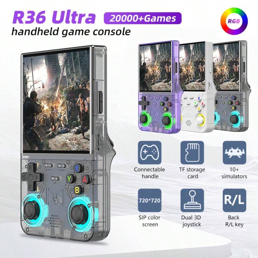 New R36 Ultra Handheld Game Console Is Equipped With Over 20000 Games And RGB Lighting Effects That Can Be Adjusted. It Supports 7 Types Of Lighting And Can Be Connected To WiFi. It Also Supports Dual Player Online Multiplayer With Multiple Colors To Choose From - 彩色 - 查看 1