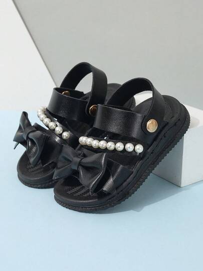 Infant Fashion Flat Two-Way Sandals, Easy To Wear With Hook And Loop, Pearl String & Bow Decor