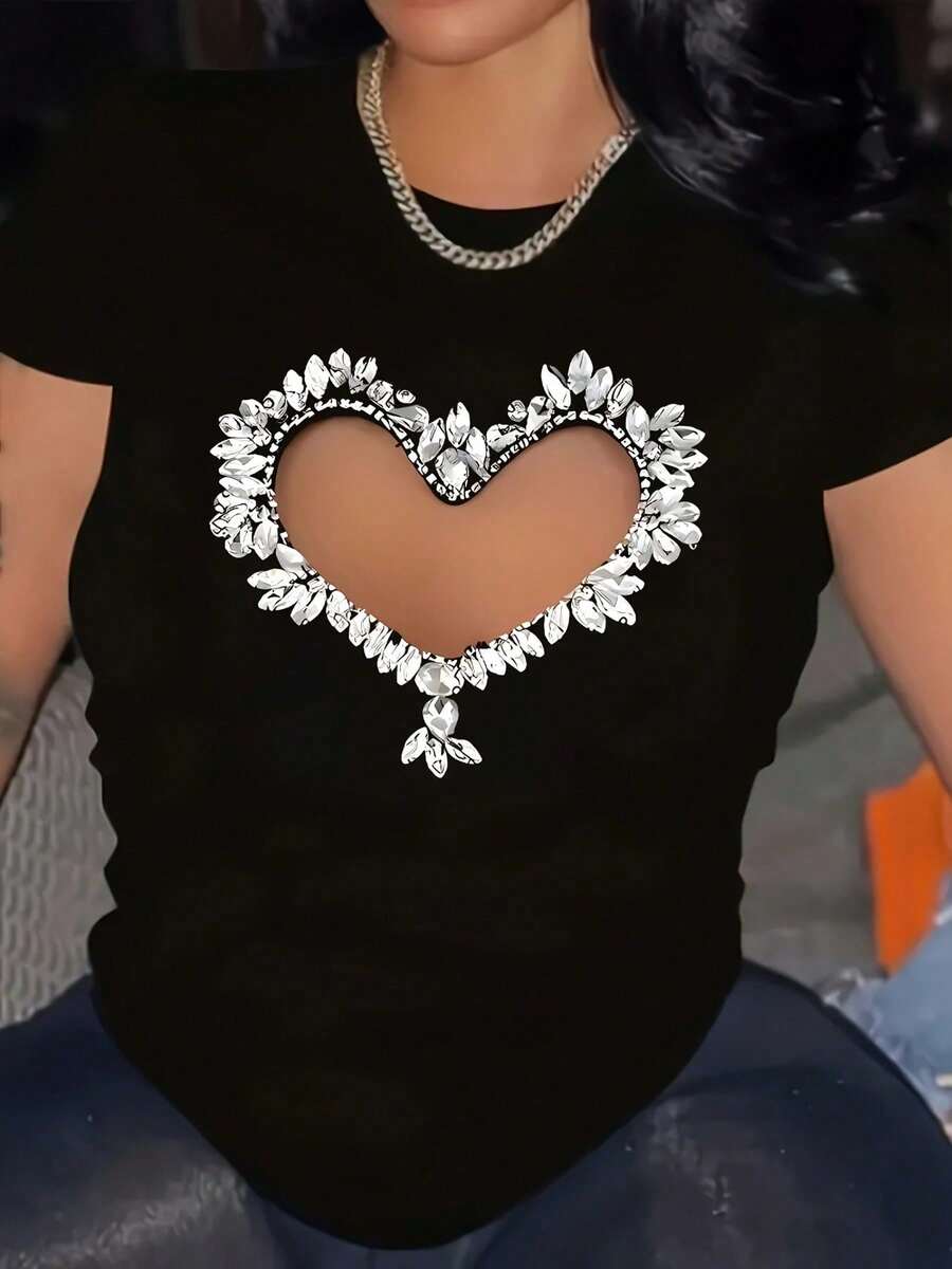 Love Print Fashion Plus Size Women's T-Shirt, Round Neck Comfortable Fabric, Machine Washable, Four Seasons Wear, Printed Design With Rhinestone Sequins For Visual Effect Only - màu đen - Xem 1