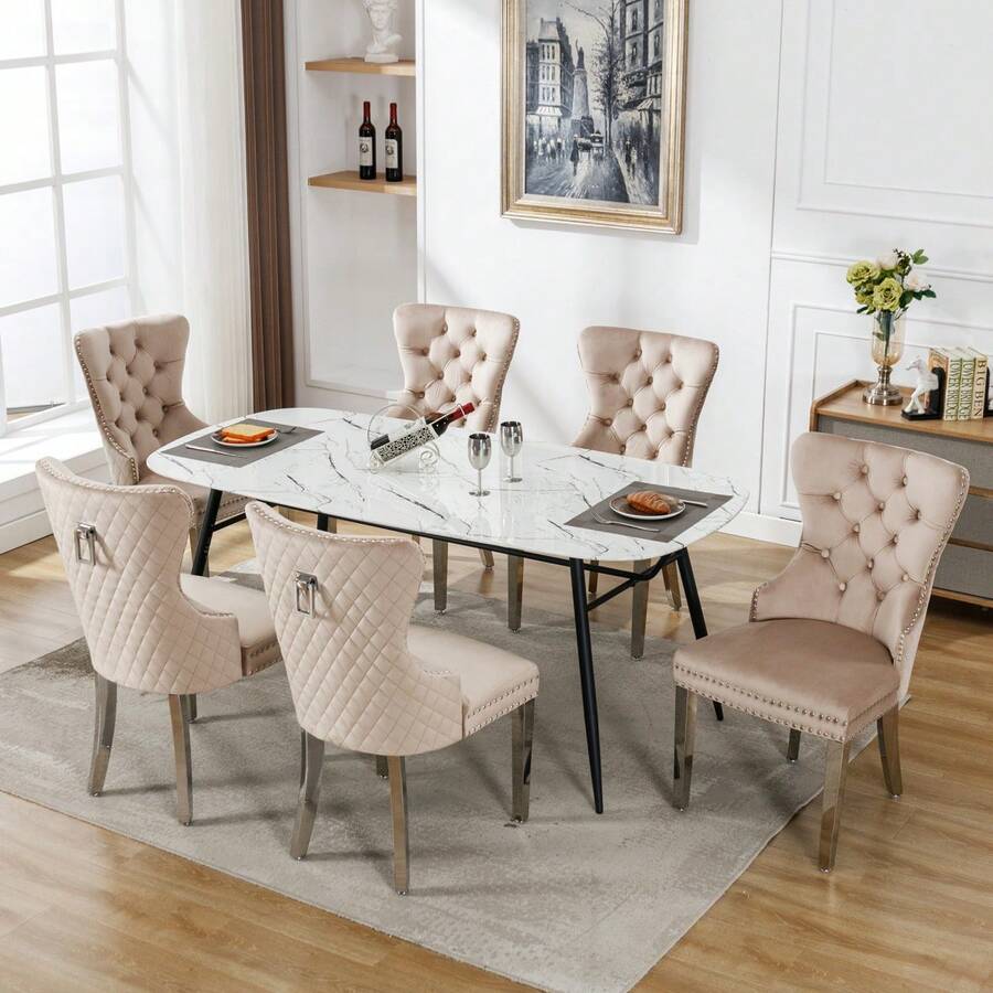 Dining Chair (Kitchen Chair Living Room Chair With A Unique Door Stand On The Back, 2 Pieces), Upholstered Chair With Nail Trim, Metal Support Legs, Velvet Cover, Gray WL - 米色+天鵝絨 - 查看 1