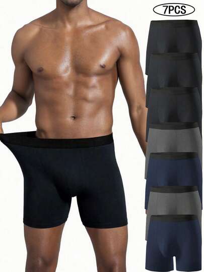 Set de 7 piezas de ropa interior larga de unicolor para hombres, calzoncillos tipo bóxer elásticos casuales, shorts de bóxer elásticos cómodos, shorts deportivos, ropa interior diaria casual duradera para hombres, set de ropa interior, calzoncillos tipo bóxer para hombres, ropa interior duradera para volver a la escuela, set de regalo, ropa interior para estar en casa, regalo recomendado para hombres, regalo para el novio, aniversario, Día de San Valentín