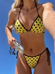 两件套撞色波点休闲可爱女士比基尼泳衣，性感露背挂脖设计，撞色滚边，适合海滩、度假、约会、生日派对、乡村音乐节、夏季等场合。 - 彩色 - 查看 4