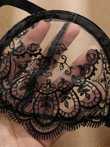 2PCS Women's Embroidered Lace Underwear Set, Semi-Transparent Heart-Shaped Bra And Bow-Tied Panties, Comfortable Home Style Women's Two Pieces Set - màu đen - Xem 7