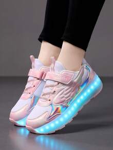 Kids' Fashionable Sturdy 4-Wheel 12-Mode Rechargeable Detachable Roller Skate Shoes, Suitable For Boys And Girls - Pink - View 7