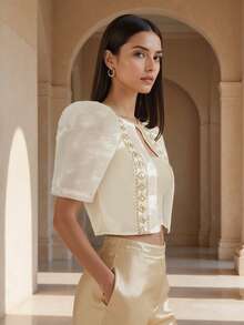 Amyenjoylife Modern Filipiniana 1PC 女式半透明编织腰带拼接上衣优雅泡泡袖短款上衣春夏女式波莱罗菲律宾风 - 香檳色 - 查看 5