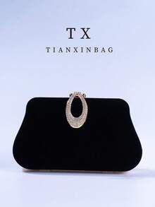 1pc Luxury Velvet Box-Shaped Party Handbag, Sequin Decor Evening Clutch Bag, Suitable For Banquet, Ball, Formal Attire Pairing, Formal Party Crossbody Bag, Tready Party Bag, Perfect For Party, Wedding, Prom, Gala/Banquet, Ideal Accessory For Women's Prom Dress, Prom Attire, Sequin Dress, Shiny Dress, Women's Elegant Dress. - Black - View 2