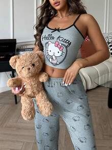 Sanrio طقم بيجامة للنساء يتكون من 2 قطعة: توب كروب مطبوع عليه هيلو كيتي + بنطلون مستقيم بخصر مطاطي - رمادي - مشاهدة 4