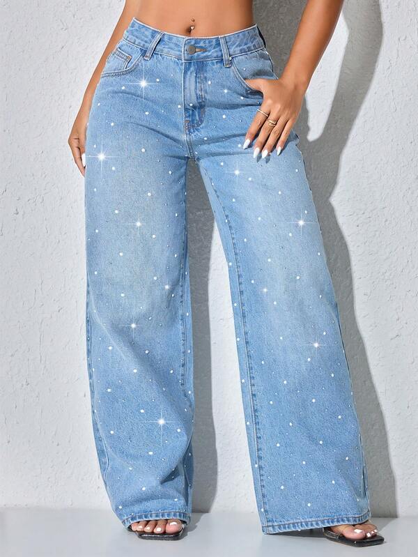 Jeans de mujer de tiro bajo, pierna ancha, azul casual, rasgados, con bolsillos sesgados y curva, con bordado pesado