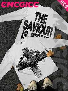 EMCGICC Jesus Y2k Long Sleeve Shirt, Urban Art Punk Graphic T-Shirt Cotton 250g, Preppy Lettering Fashion Hip Hop Men's Long Sleeve T-Shirt, Fun Vintage Shirt, Regular Fit, Wild Bloom Street Style, Digital Print, Ideal Gift - 白色 - 查看 1