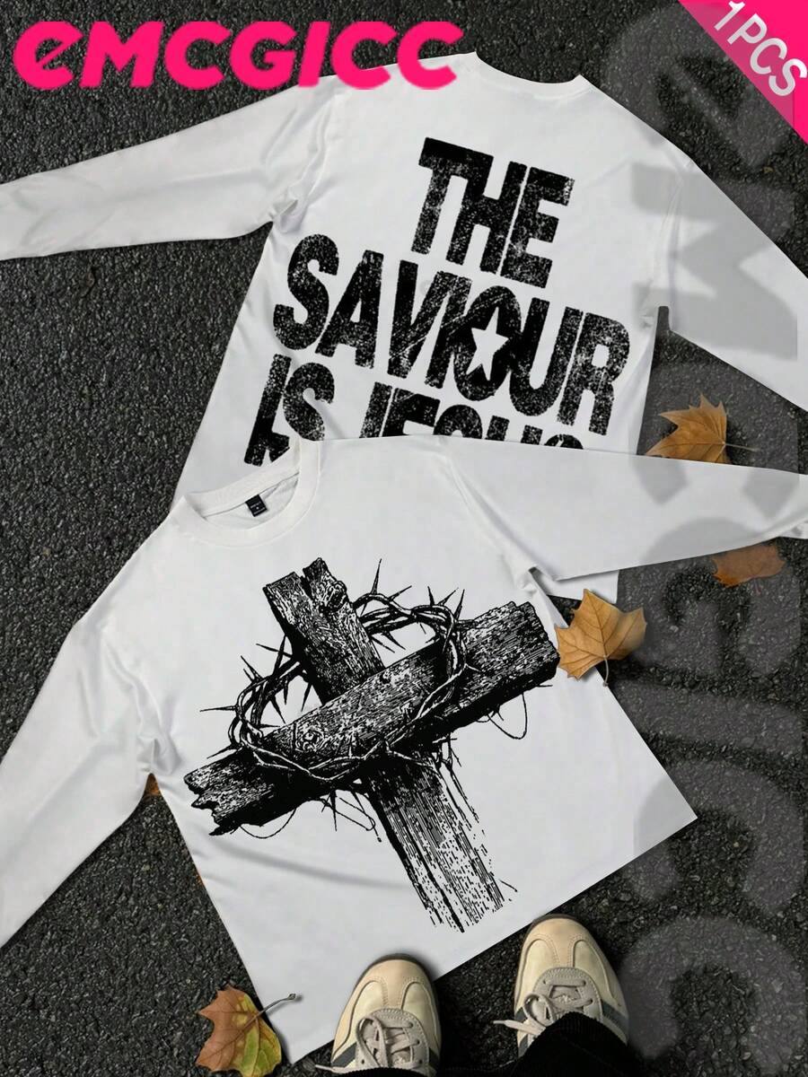 EMCGICC Jesus Y2k Long Sleeve Shirt, Urban Art Punk Graphic T-Shirt Cotton 250g, Preppy Lettering Fashion Hip Hop Men's Long Sleeve T-Shirt, Fun Vintage Shirt, Regular Fit, Wild Bloom Street Style, Digital Print, Ideal Gift - 白色 - 查看 1