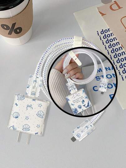 5pcs Set: 18/20W Charger Protective Case, Charging Cable Protector, Shell Bow/Marine Life Pattern