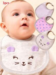 3pcs Baby Bibs With Bear Embroidery And 3D Ears, Soft Fabric, Suitable For 0-12 Months Infants - Purple - View 6