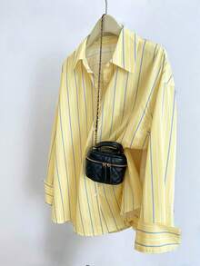 Casual Women's Yellow And Blue Striped Long Sleeve Drop Shoulder Collared Polyester Shirt Blouse With Button Details Regular Length - 黃色 - 查看 1