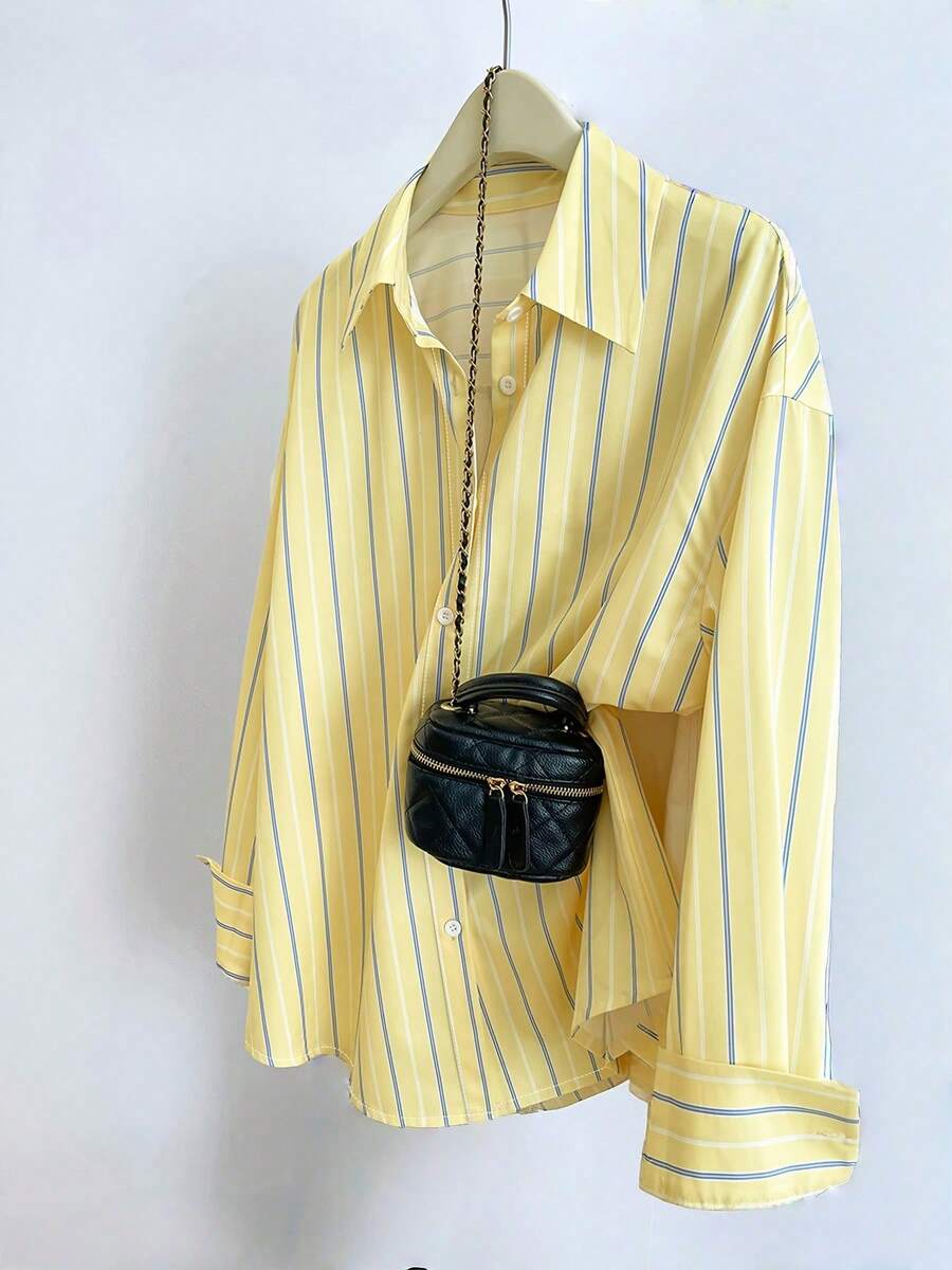 Casual Women's Yellow And Blue Striped Long Sleeve Drop Shoulder Collared Polyester Shirt Blouse With Button Details Regular Length - 黃色 - 查看 1
