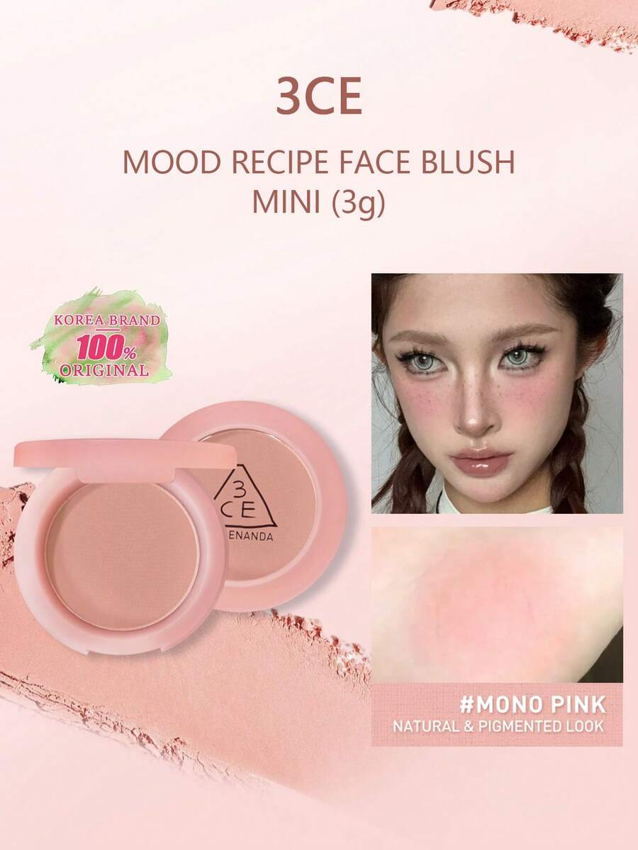 3CE Brand New Mood Recipe Mini Monochrome Blush, Mousse-Like Smooth Texture, Gradient Blending, Brightens Complexion, Oil Control, Easy To Blend, Highlight Eye Area, Create Sculpted Face, Korean Makeup | 3g/0.1oz