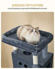HEXCELEN 82.7-Inch Cat Tree, Large Cat Tower For Indoor Cats, Condo With Perch, Cat House Furniture With 2 Caves, 8 Scratching Posts, Hammock, Pompoms, Washable Cushion, Dark Gray - Màu xám đen - Xem 5