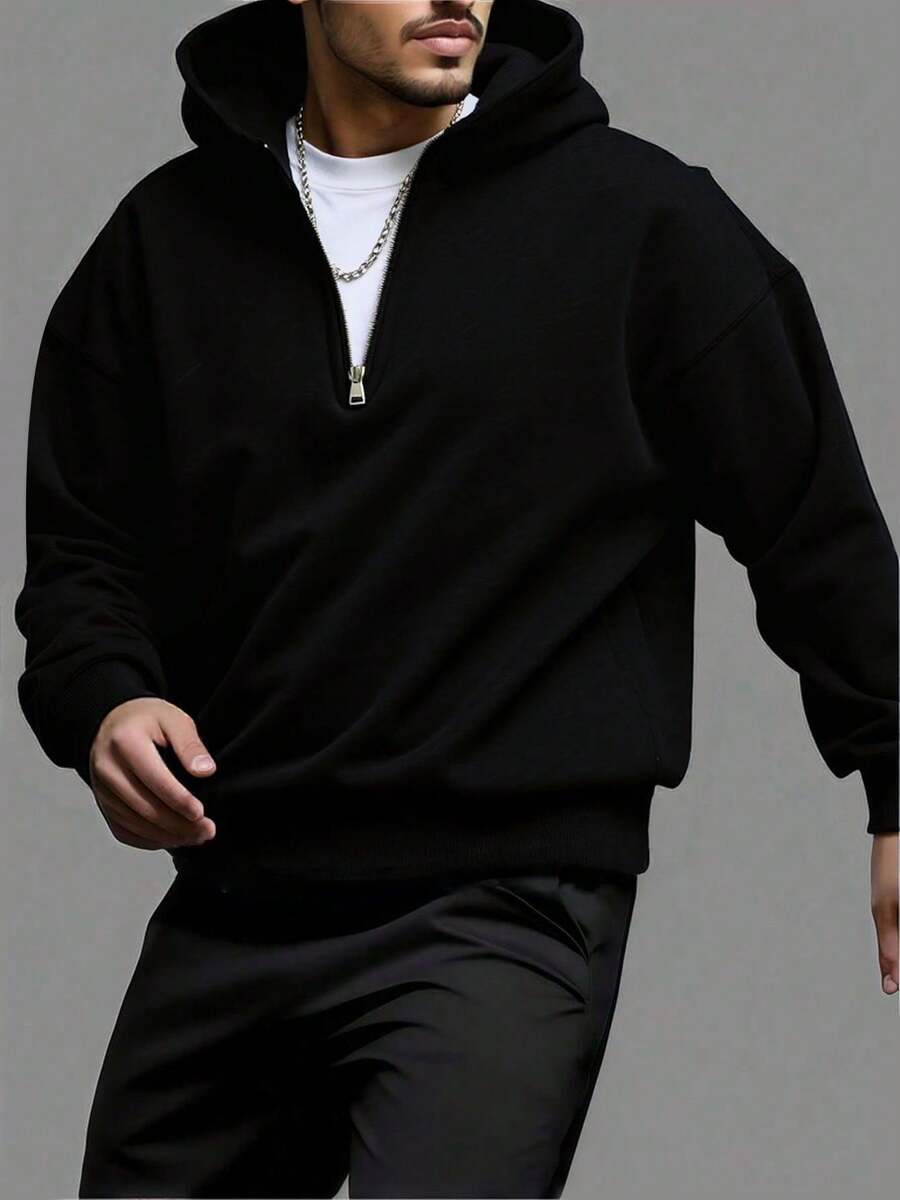 1 áo hoodie nam dáng casual cổ kéo khóa nửa thân, thời trang và đa năng, thích hợp cho mùa thu/đông. - màu đen - Xem 1