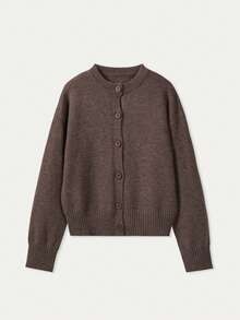 MORI Brown Round Neck Long Sleeve Cardigan Knit Sweater, New Women Casual Loose Cozy Soft Sweater, Fashionable Elegant Solid Color, New Year Top