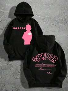 (Double-Sided Printing)  SONDER    Print Fashion Casual Men Hoodies Oversized Comfortable Streetwear Pullover Hooded Sweatshirt Men Retro Graphic Design Soft Cotton Blend Long Sleeve Lounge Hoodie YWM4 - 黑色 - 查看 1
