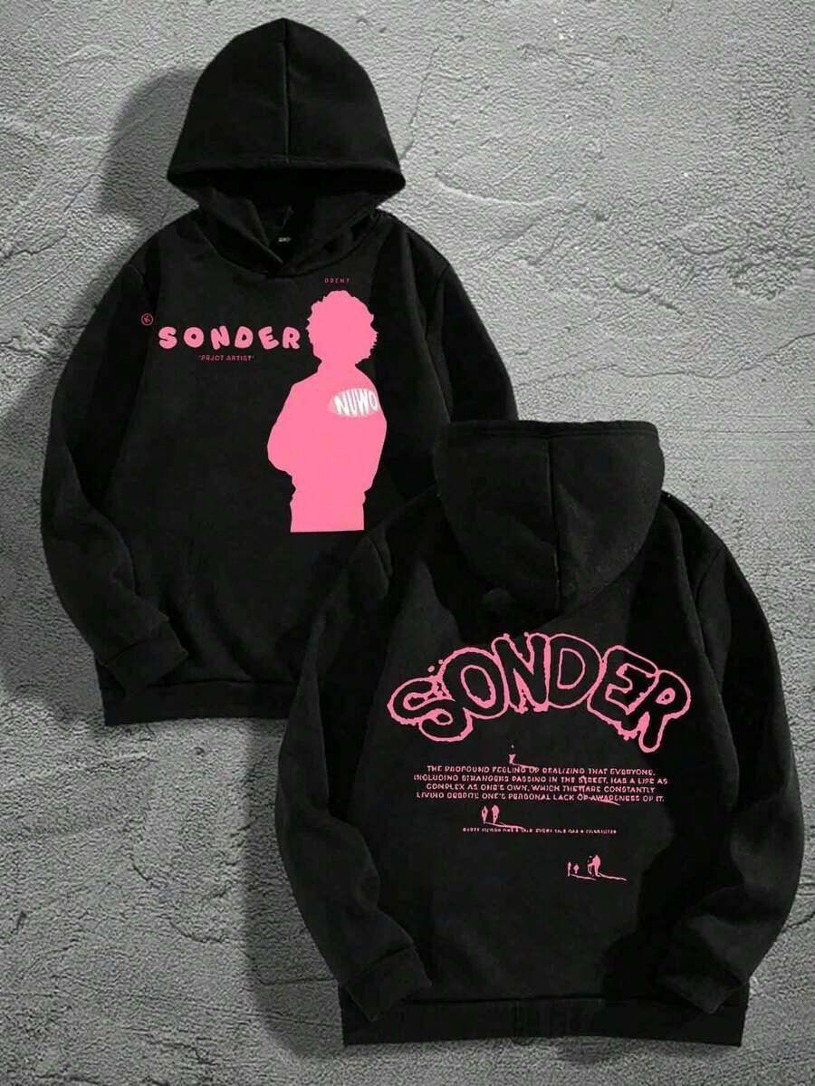 (Double-Sided Printing)  SONDER    Print Fashion Casual Men Hoodies Oversized Comfortable Streetwear Pullover Hooded Sweatshirt Men Retro Graphic Design Soft Cotton Blend Long Sleeve Lounge Hoodie YWM4 - 黑色 - 查看 1