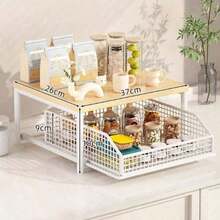 金属と木製の電子レンジラック引き抜き式引き出し付き-多層のオープングリッド台面収納箱、コーヒーメーカー、ティーバッグ、食器に適しています-省スペースキッチンラック、パパ&クリスマスプレゼント、シンプルなデザイン、頑丈な構造、家庭料理人必須 - ホワイト - チェックする 6