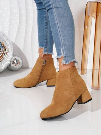 秋冬女装时尚麂皮简约百搭方头粗跟黑色棕色踝靴