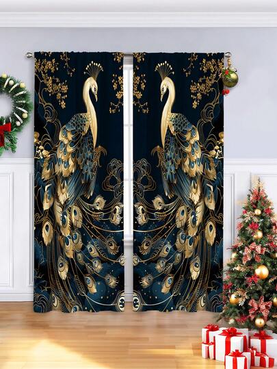 2 stuks Chinese mode-stijl gouden pauw patroon roede zakgordijn | Voor woonkamer, keuken, slaapkamer, hotel, badkamer, klaslokaal, eetkamer, woonaccessoires, 3D-geprinte goedkope raambekleding
