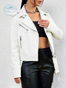 Chaqueta de cuero sintético estilo motera, diseño con cinturón y múltiples cierres, tejido estructurado y con textura, audaz, moderna y versátil. - Blanco - Ver 2