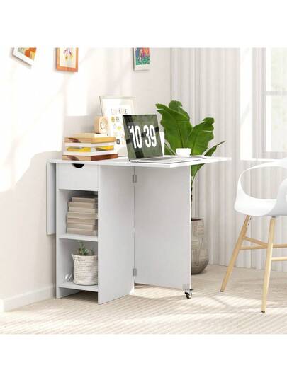 HOMCOM Folding Dining Table, Mobile Kitchen Tafel People Open Shelves, Drawer, Small Spaces, 114.5 70 75, Wit view 6