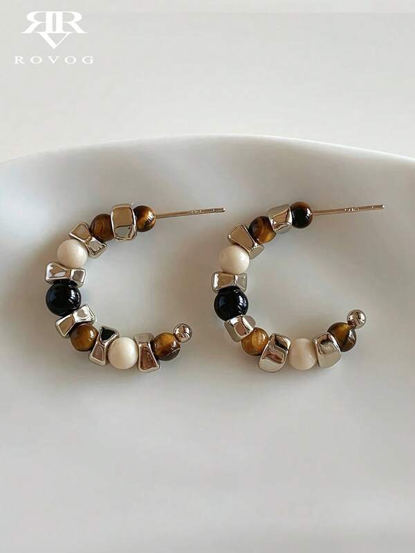 1 Pair Elegant French Style Natural Tiger Eye Beaded Geometric Unique Design Fashion Hoop Earrings, Suitable For Women's Daily, Commute, Party And Casual Wear