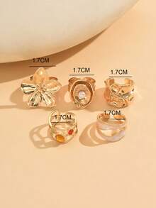5pcs/Set Vintage Metal Flower Colorful Rhinestone Design Rings, Faux Pearl Inlaid Enamel Rings, Suitable For Women Daily Outfit, Decoration, Dating, Gathering, Party Wear