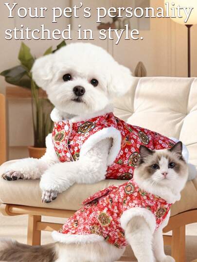 1pc Pet Dog/Cat Festive & Fashionable Outfit, New Year Vibe, Contrast Floral Print, Waist Bow Decor, Chinese Style Design, Suitable For Small Pets