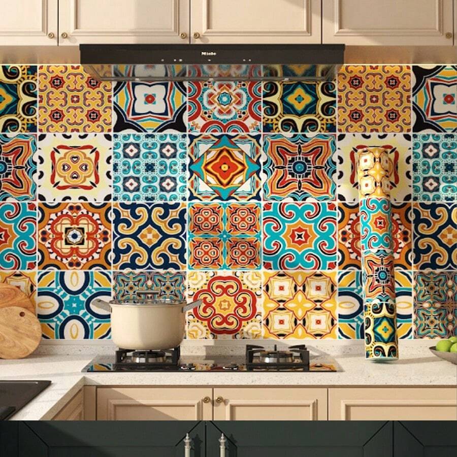 Pegatinas de azulejos con estilo floral vintage marroquí bohemio, calcomanías de azulejos de mosaico, pegatinas de pared retro