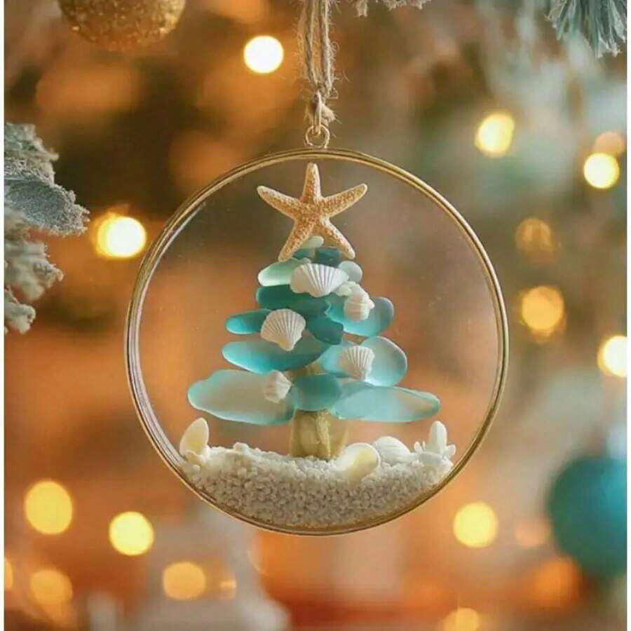 Coastal Style Tree Ornament With Sea Glass And Shells - Modern Nautical Hanging Ornament, Durable Plastic And Beach Theme Decoration, Suitable Home,, - No Electricity Required, Holiday Ocean Enthusiasts, Housewarming Decoration - C - 查看 1