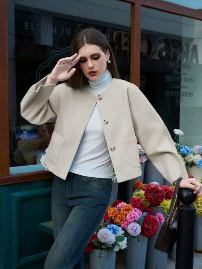 Veste courte femme minimaliste décontractée, col rond, simple boutonnage, doublée, convient pour le quotidien, les vacances, la maison et l'extérieur, automne/hiver, Noël