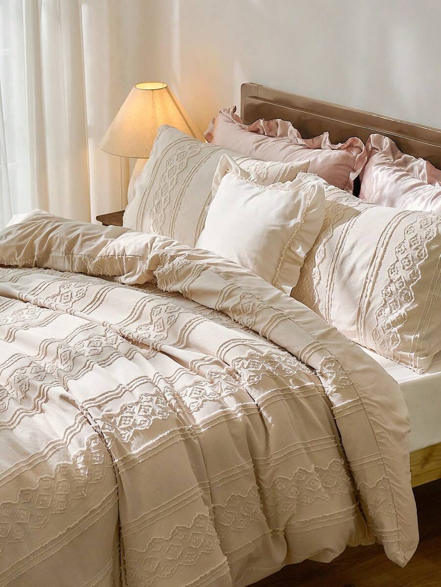 2/3PCS Khaki Tufted Textured Polyester Duvet Cover Set, Boho Shabby Chic Bedding Set For All Seasons Use, Modern Bohemia Style, Soft& Breathable, Durable, Machine Washable (1 Duvet Cover+ 1/2 Pillowcases, No Filler) - Khaki - View 1