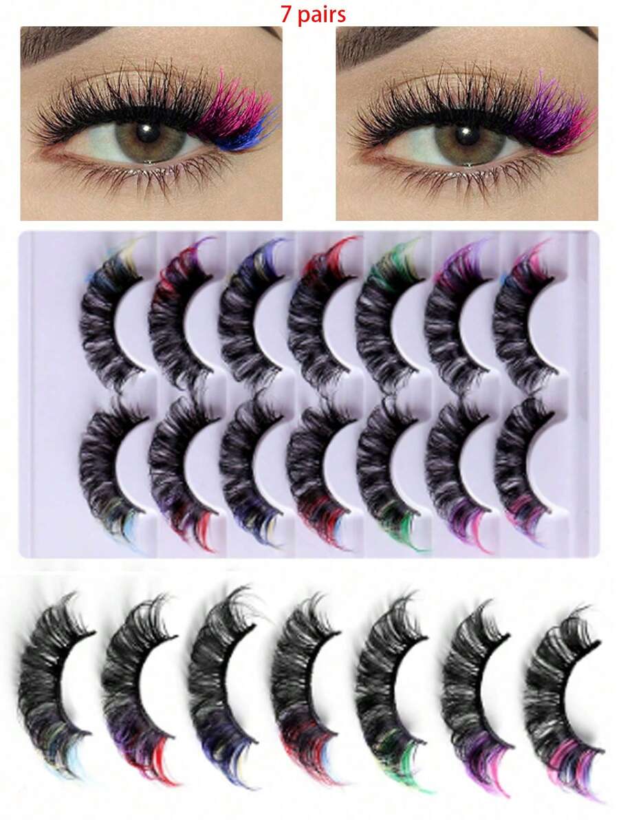 7 Pairs Colorful Fluffy False Eyelashes, Multi-Layer Thick Crossed Faux Mink Lashes, Natural D-Curl Voluminous Curly Eyelashes, 3 Pairs Stage/Party Glitter Lashes, Thick Luminous Glitter Crossed Mink Eyelashes