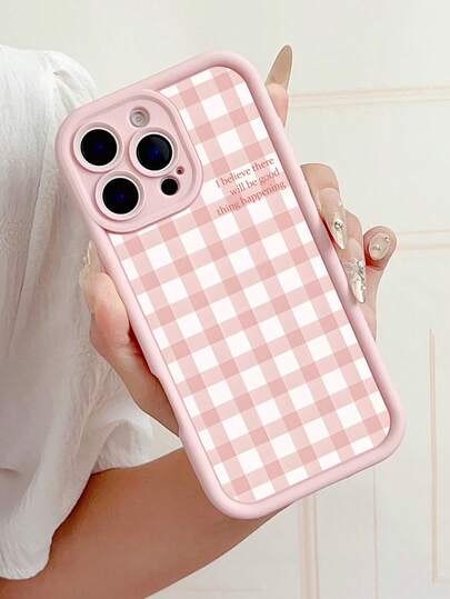 Minimalist White Pink Plaid Pattern Fashion Phone Case 1pc Minimalist Colorful Plaid Slogan Pattern Perforated Matte Hard Phone Case Compatible With IPhone 11/12/13/14/15/16 Pro Max/17/17 Pro/17 Pro Max/Air Mom Spring Gift Birthday Anniversary Cases