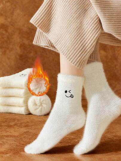 5 Pairs Women's Thick Thermal Lined Mid-Calf Socks, White Smiling Face Fuzzy Socks, Solid Color Embroidered Crew Socks, Winter