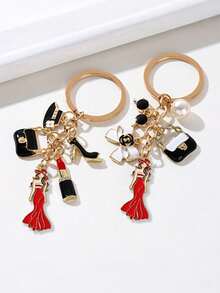 Women's Luxury Key Chain - High-Heel Shoe Design, Gold-Tone, Perfect Gift For Her On Weddings, Birthdays, Or Other Special Occasions; Elegant Purse Charm With Stylish Accessories, High-Heel, Lipstick, Bow, And Hat-Themed Pendants (Black/White/Red Accents) - Fashionable Women's Jewelry,Gifts For Ramadan, Valentine's Day, And Easter - Multicolor - View 6