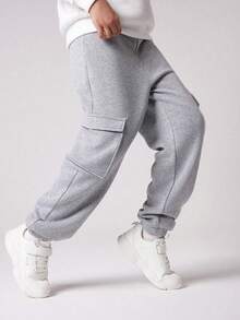 1 Peça Calça de Moletom Casual e Larga com Bolso Lateral, Reta, para Meninos Pré-Adolescentes, Calça Térmica Forrada Grossa e Quente para Exercícios e Esportes ao Ar Livre, Outono/Inverno - Cinza - Visão 4