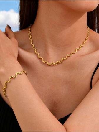 1 Set Vintage Minimalist Wave Twist Chain Bracelet Necklace Jewelry Set For Women, Wave Metal Simple Line Necklace Bracelet Set, Unisex, Suitable For Daily Wear, Durable Neutral Jewelry, Couples Jewelry